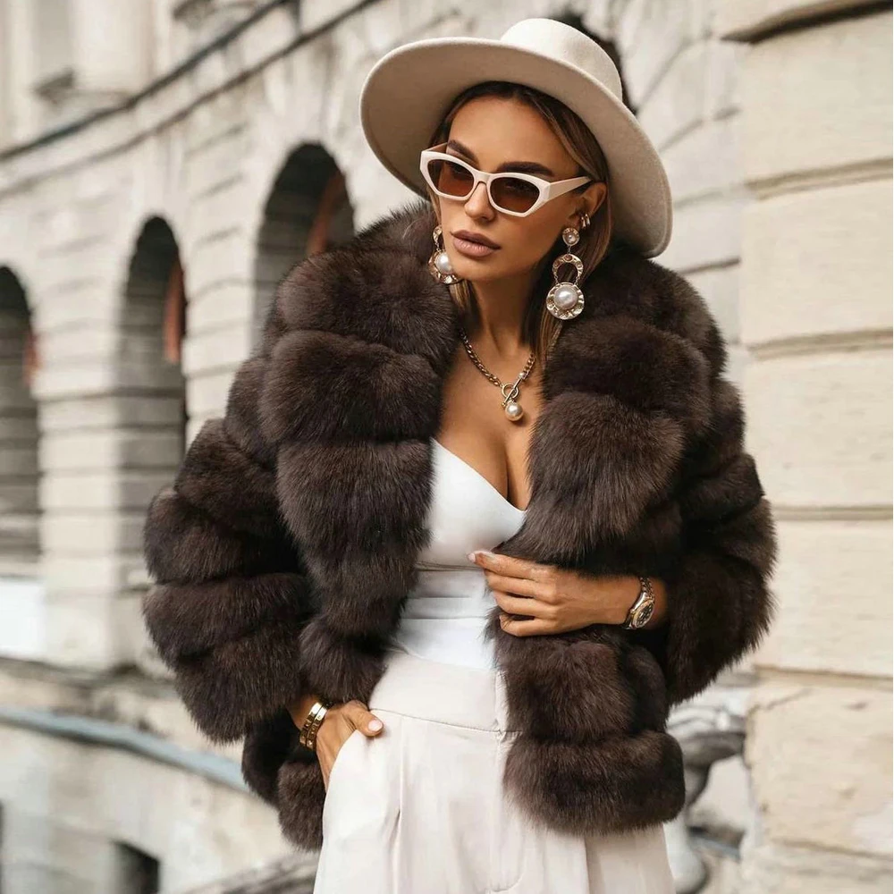 Luxury Women Natural Fox Fur Jacket with Turn-down Collar Fashion Dark Sable Color Genuine Full Pelt Fox Fur Coat Short Outwear