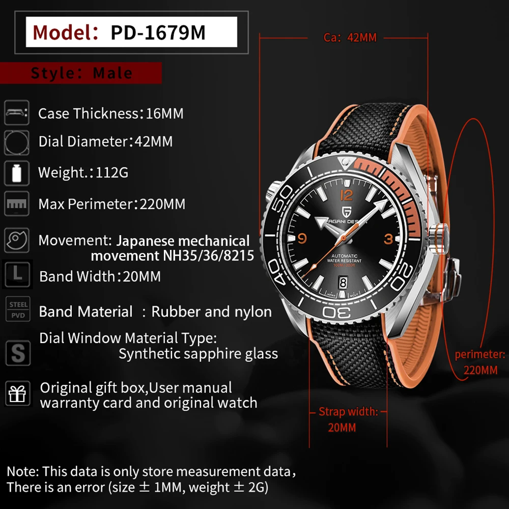 PAGANI DESIGN Men's Automatic Mechanical Watch Ceramic Bezel 100M Waterproof NH35A Movement Luxury Sapphire Glass Watch for Men