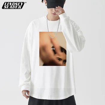 

Creative Character Printed Long Sleeve T Shirts Curved Hem 2020 Mens Hip Hop Casual Tops Tees Harajuku Streetwear Cotton Tshirt