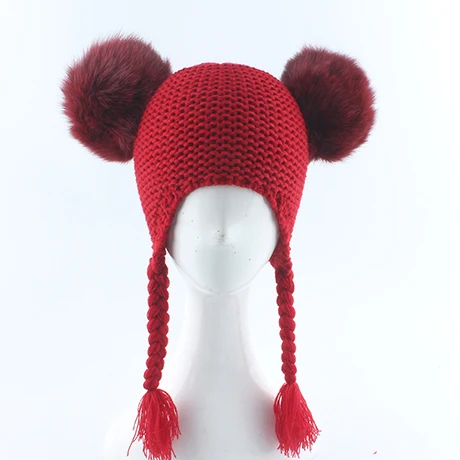 Детская шапка с помпонами из натурального Лисьего меха, детская зимняя вязаная шапка-ушанка для девочек и мальчиков, Вязаная Шапка-бини с двумя помпонами, меховая шапка для детей - Цвет: Красный