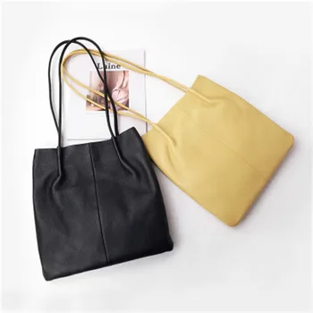 

women genuine leathe black yello tote for female soft luxury cowhide one shoulder bag