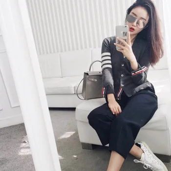 

WOMEN'S Dress 2019 Spring New Style Europe And America TB-Style Sweater Stripes Cardigan V-neck Loose-Fit Sweater Cardigan Coat