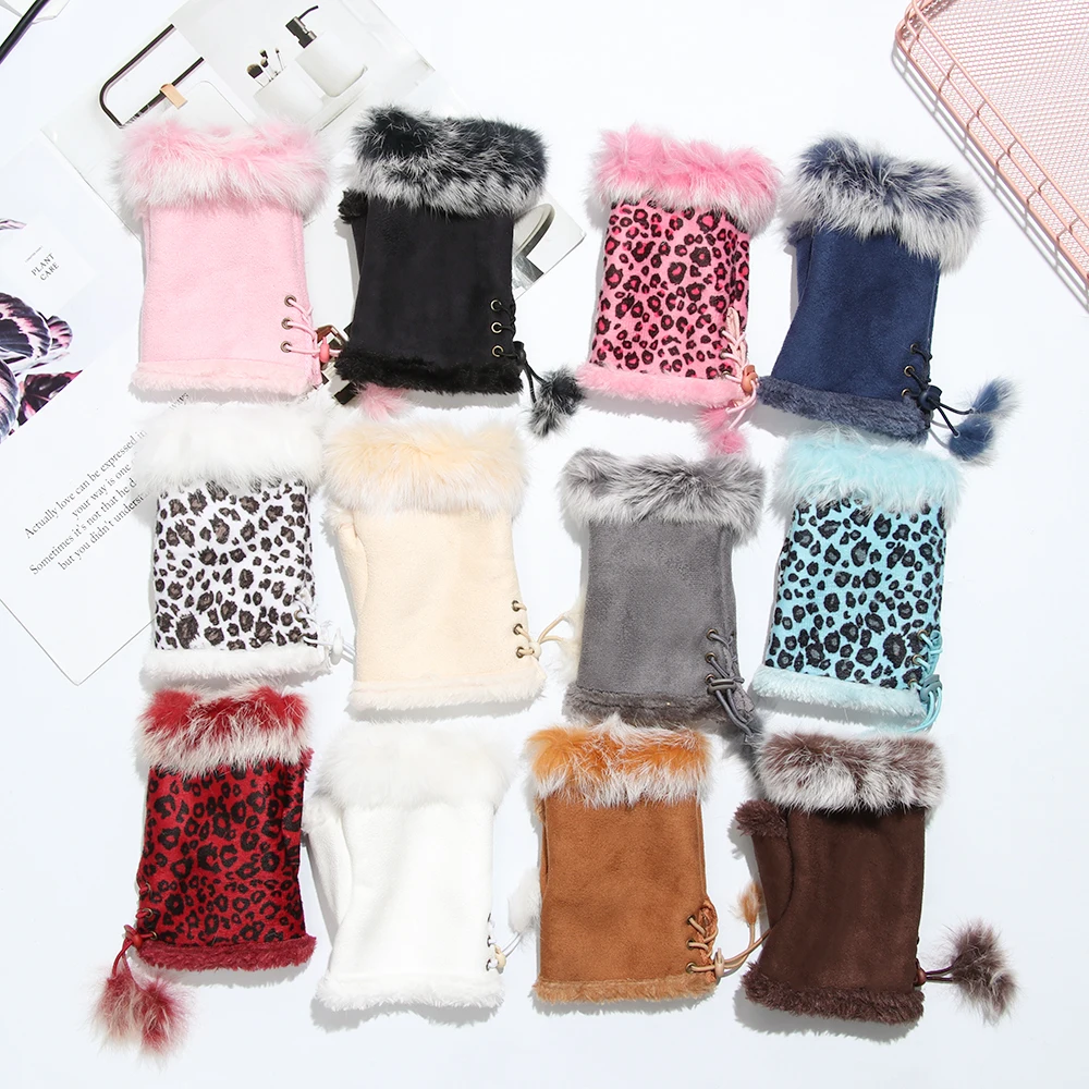 Gants hiver chauds sans doigts fausse fourrure lapin doux cuir souple stretch femmes filles