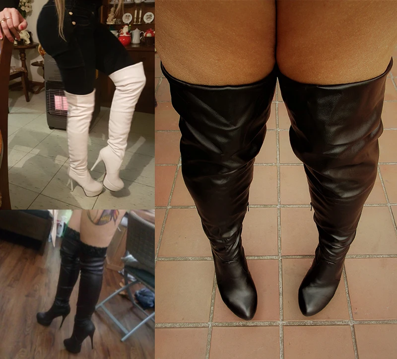 Tanie BONJOMARISA Plus rozmiar 32 46 Lady Sexy Over Knee zakolanówki buty kobiety moda jesień buty na cienkich wysokich obcasach platforma kobiet buty kobieta