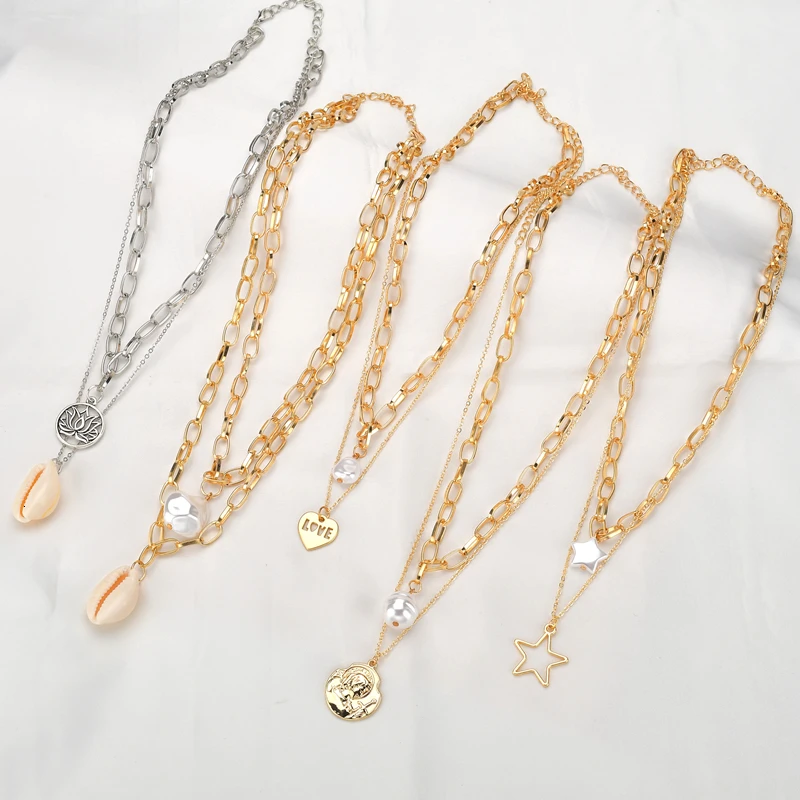 

Bohemian Star Shell Beads Necklaces 2019 For Women Multi layer Gold Sliver Necklaces & Pendants Fashion Jewelry