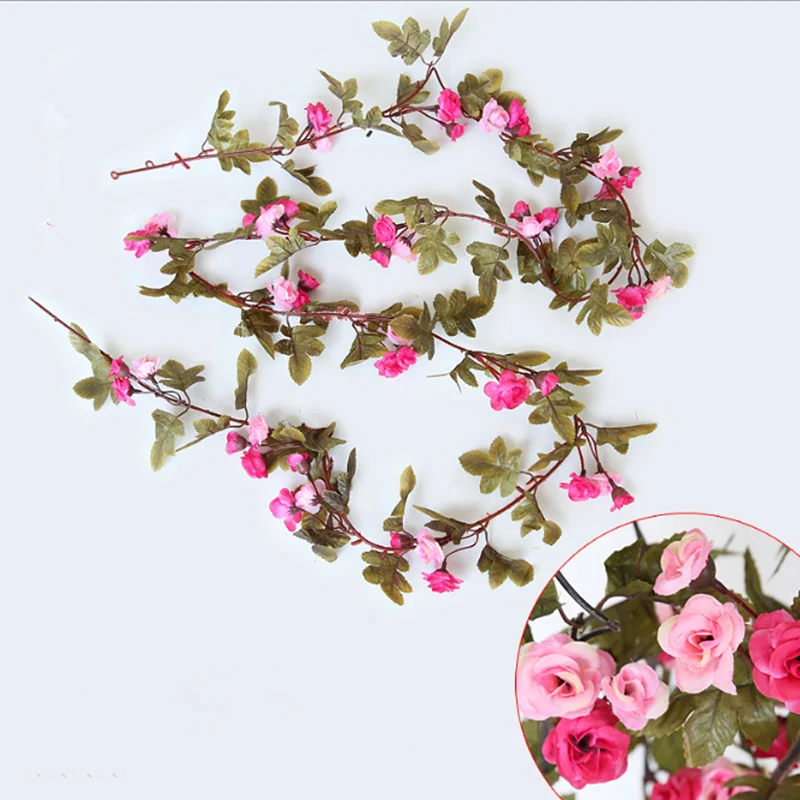 230cm/91in Silk Rose Ivy Vine Artificial Flowers Arch Decor with Green Leaves Hanging Wall Garland Wedding Party Home Decoration - Цвет: rose red