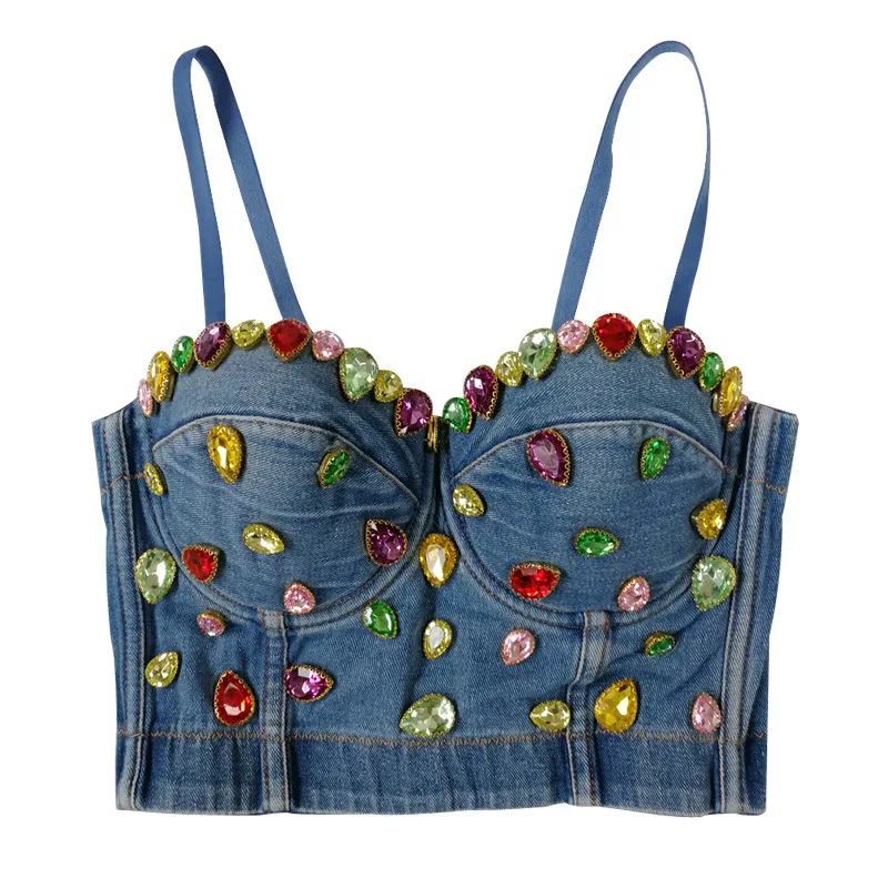 

Multi-color Rhinestones Denim Sling Camisole Corset Crystals Stones Tank Tops Beads Short Tops Bustier Female Bar Club Party