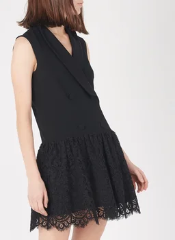 

19 Temperament Lady Double Row Buckle Sleeveless Lace Splicing Slim Dress 93275