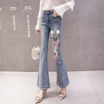 

Micro Horn Female Jeans 2019 Gao Waist Slim Fit Slim Heavy Industry Embroidery Elastic Force Weila Trousers