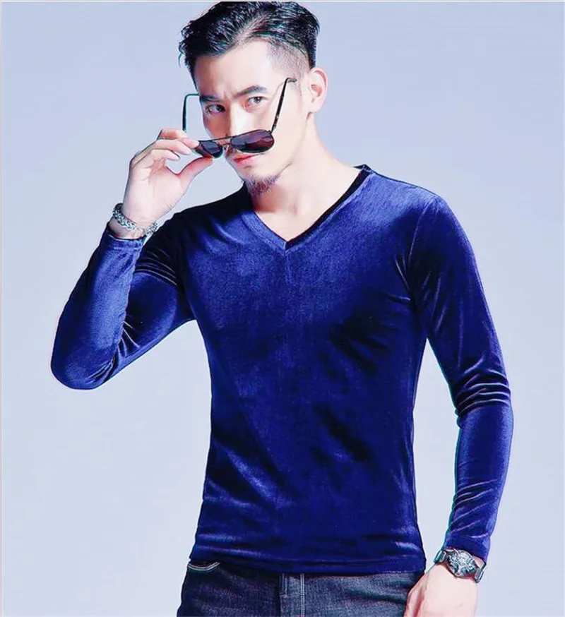navy blue Новое поступление, осенние мужские модные футболки с v-образным вырезом, велюровые топы с длинными рукавами, однотонные зимние Бархатные мужские футболки, большие размеры 6XL 7XL - Цвет: navy blue