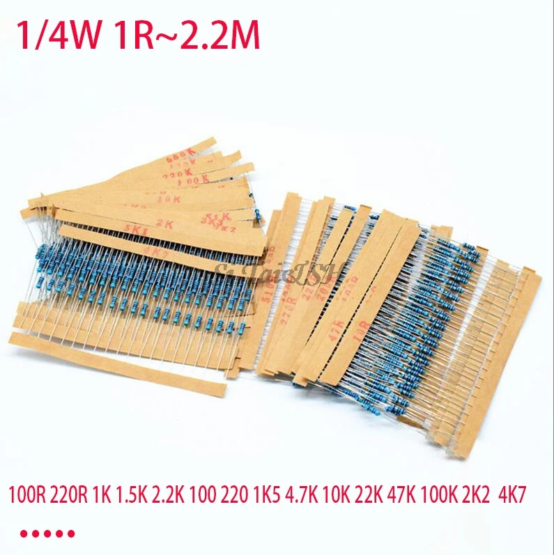 100pcs Metal film resistor series 1/4W 1R~2.2M 1% 100R 220R 1K 1.5K 2.2K 100 220 1K5 4.7K 10K 22K 47K 100K 2K2 4K7 ohm metal film resistor metal film resistors