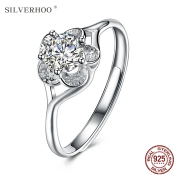 

SILVERHOO 925 Sterling Silver Rings For Women Inlay 5A Clear Cubic Zircon Adjustable Flower Shape Ring Party Simple Gift Jewelry