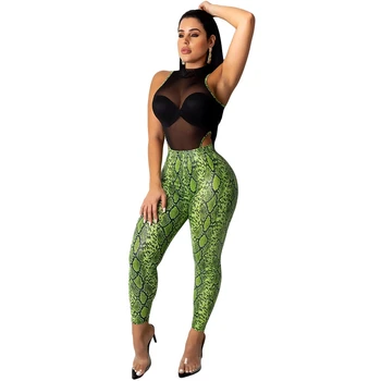 

Snake Print Sexy Two Piece Set Women Top and Pants Set Black Sheer Mesh Sexy Club Outfits Party Bodycon 2 Piece Women Set 2020