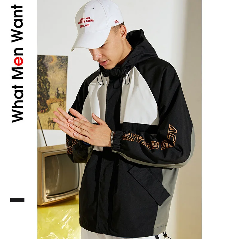 

IVRESSE Black Patchwork Back Letter Print Jackets Men Hooded Drawstring Zipper Loose Outerwear Male Fashion Casual Hip Hop Coats