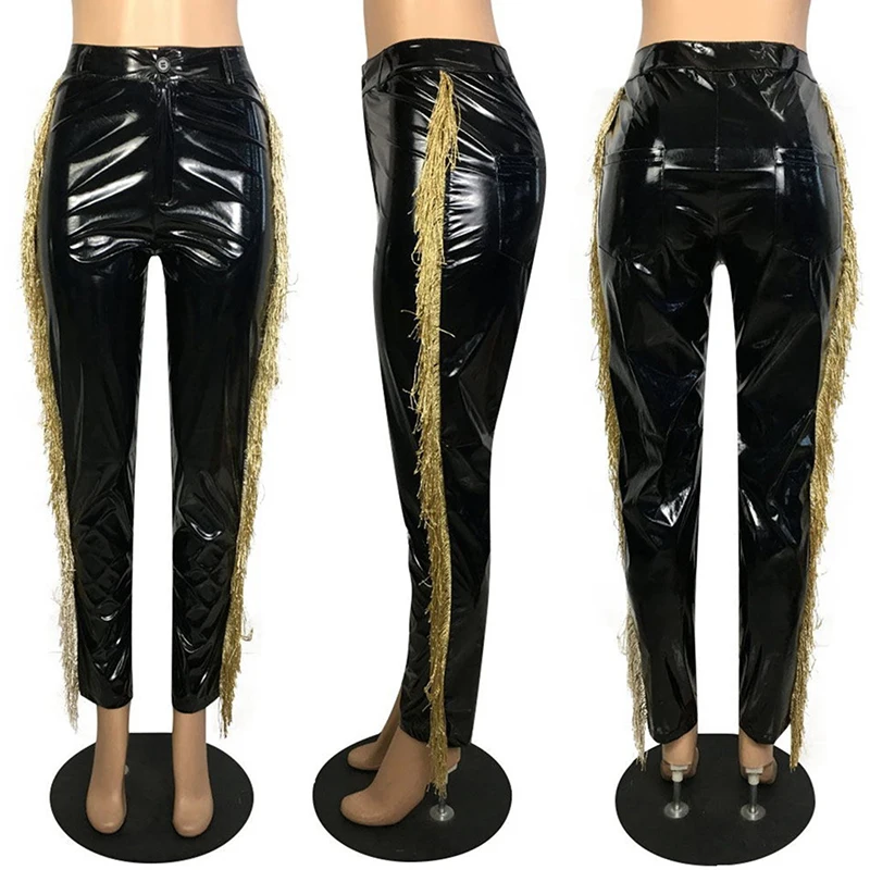 Женские брюки из искусственной кожи с высокой талией, блестящие, ПВХ, с кисточками, узкие брюки-карандаш, женская уличная одежда, вечерние