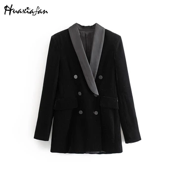 

Huaxiafan Blazer Black Women Long Sleeves Black Double Breasted Button Female Jackets Casual Autumn Winter Blazer Outerwear Coat