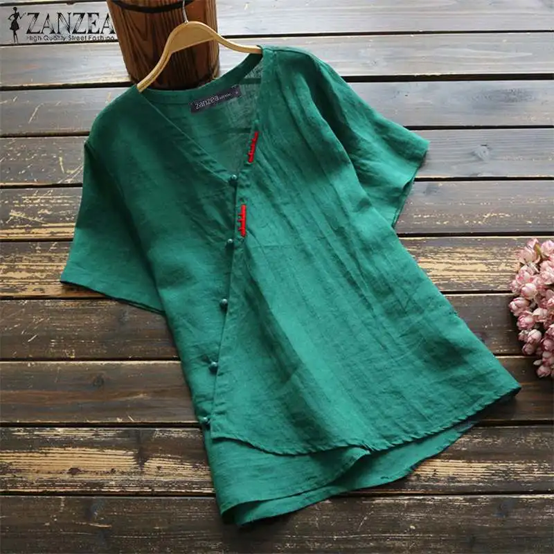 ZANZEA Summer Vintage Buttons Short Sleeve Shirt Women V neck Cotton Linen Blouse Robe Femme Work T
