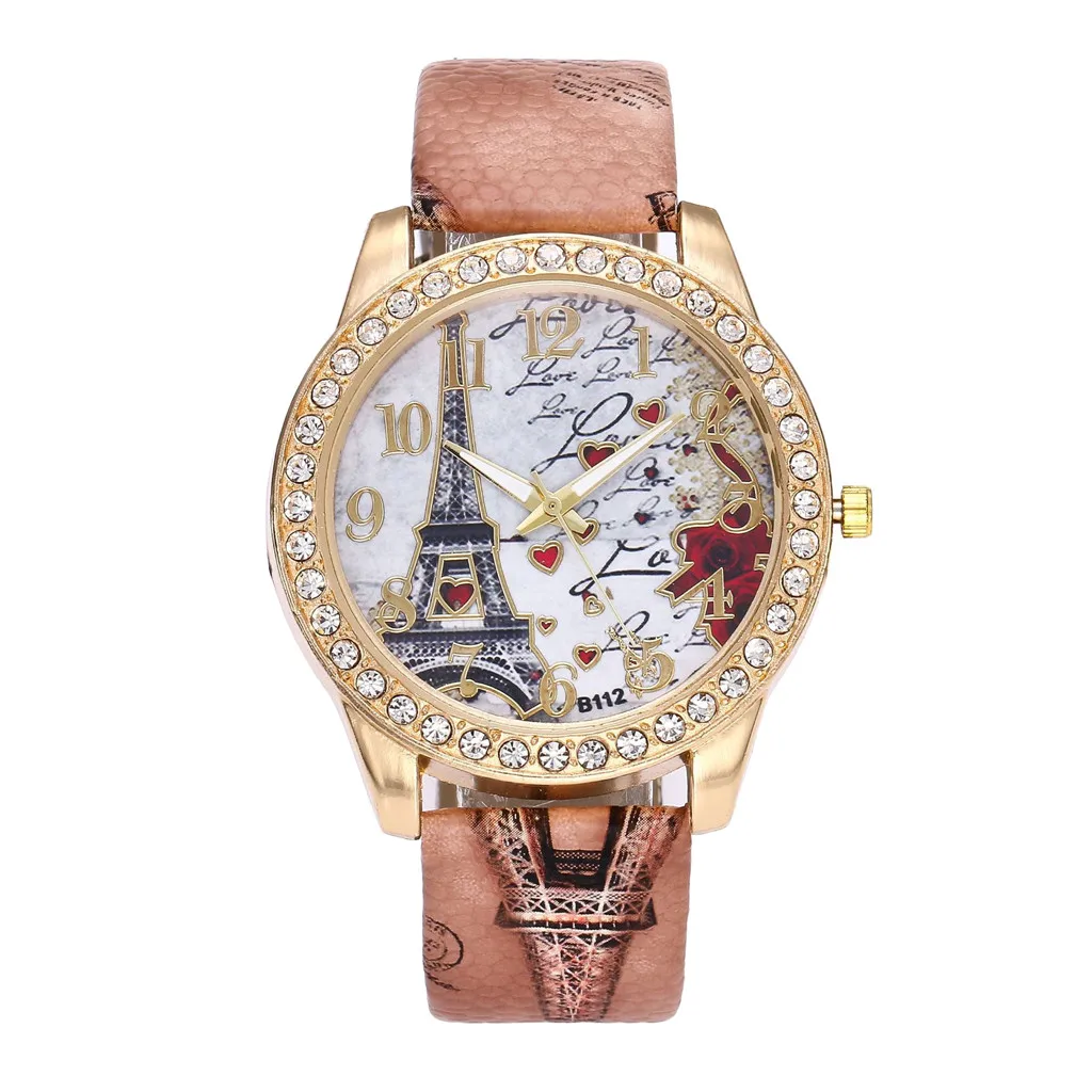 Винтажные женские модные часы с Эйфелевой башней и кристаллами, кожаный чехол из нержавеющей стали, кварцевые наручные часы Relogio Feminino Zegarek