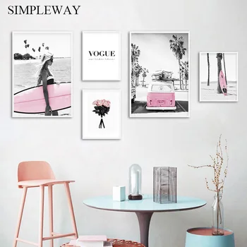 

Beach Pink Surfboard Landscape Fashion Poster Nordic Wall Art Canvas Print Vogue Painting Modern Girls Room Decoration Picture