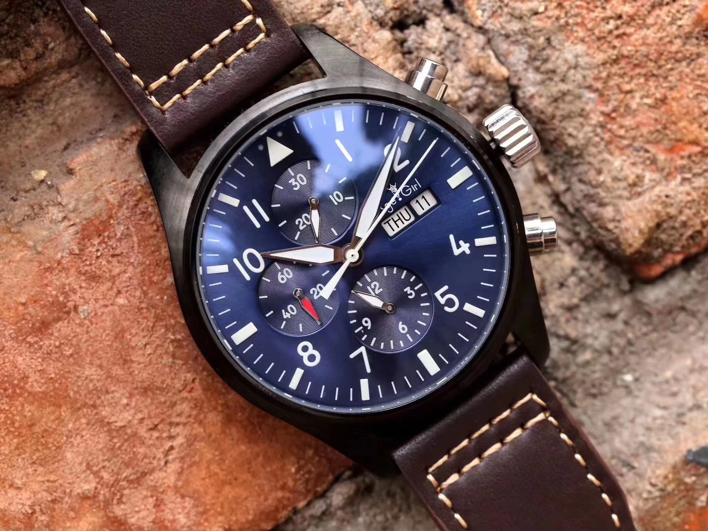 

Famous Brand New Men Automatic Mechanical Pilot's Daydate Le Petit Prince Sapphire Double Brown Leather Blue Watch Black Case