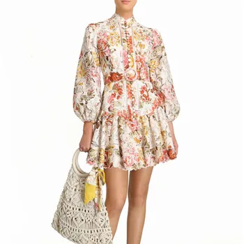 

Perint Ruffle Dresses For Female Stand Collar Lantern Long Sleeve High Waist With Sashes Mini Dress Womens Clothing