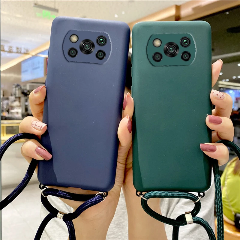 Candy Color Strap Lanyard Case On For Xiaomi Mi Poco X3 Nfc X2 F2 M2 Pro Pocophone F1 Silicone Soft Tpu Back Cover