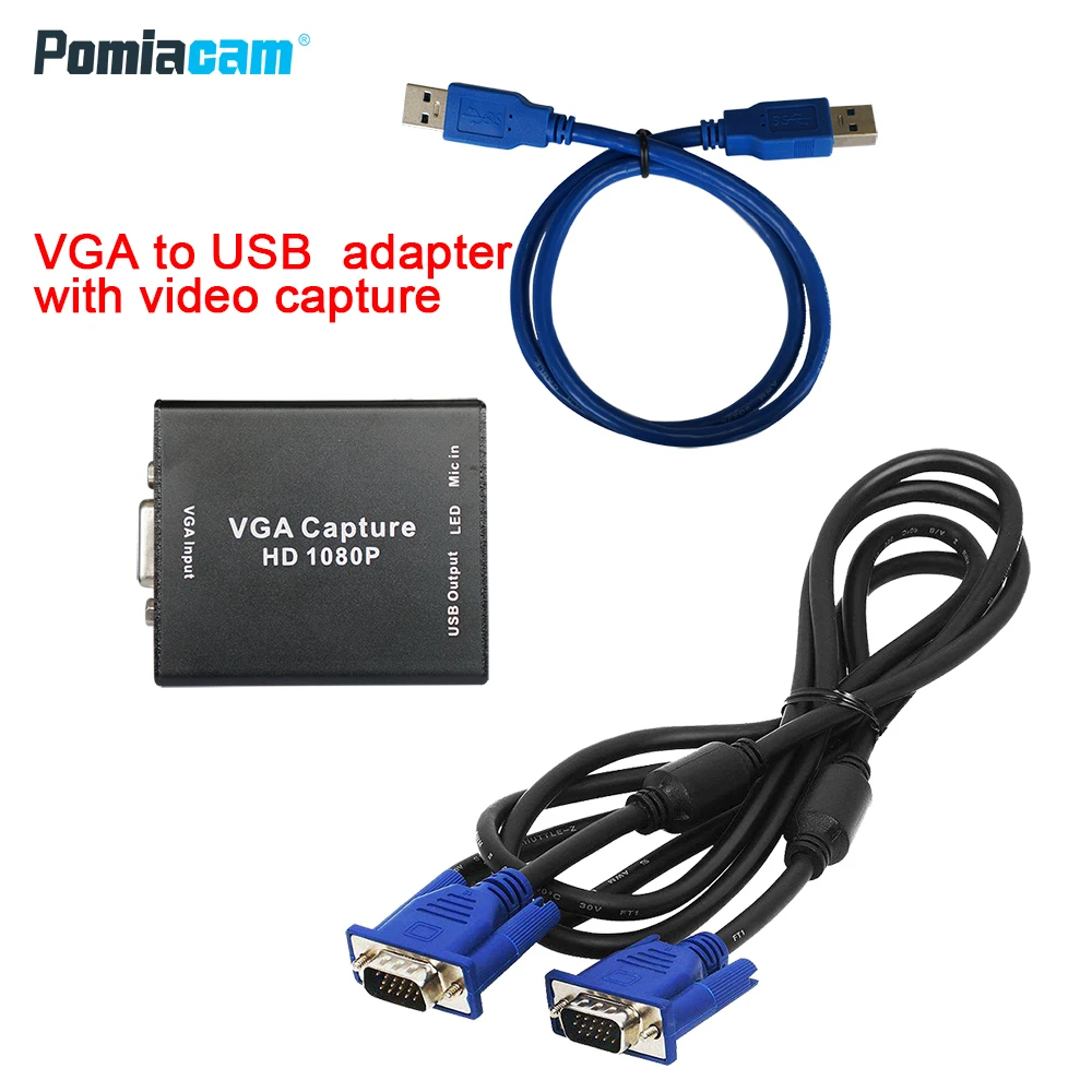outil de capture vidéo HD 1080p pour Windows sans clé USB Linux et Android Pomiacam Convertisseur vidéo VGA Carte de capture VGA vers USB 2.0 Appareil de capture audio et vidéo Plug-and-Play 