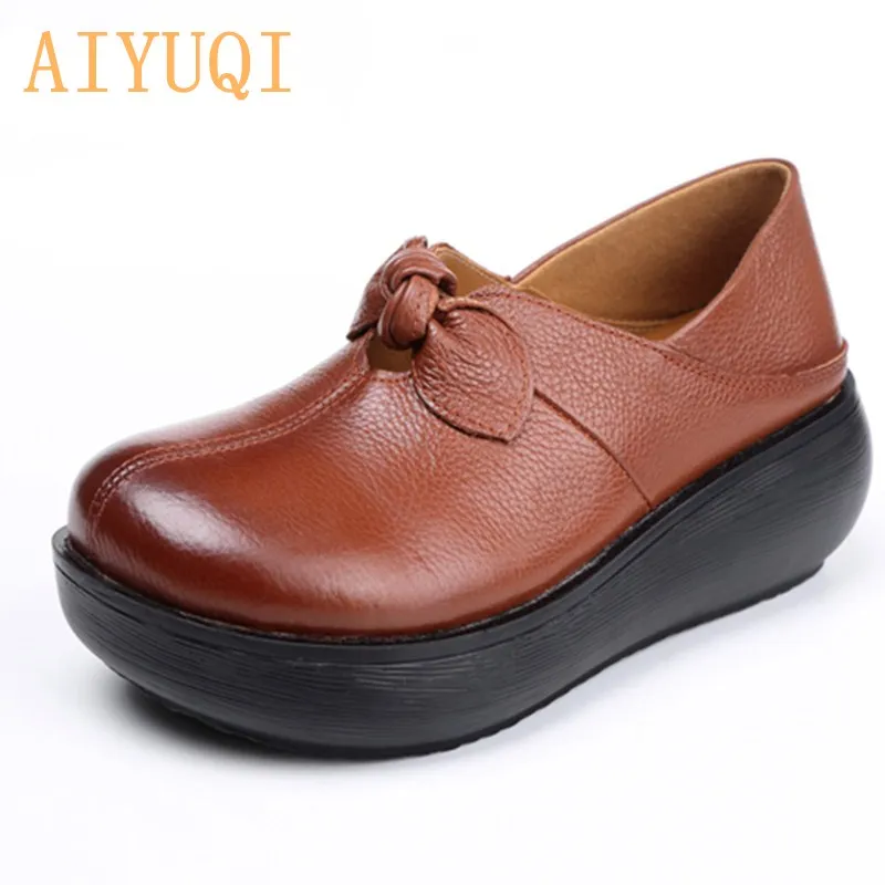 

AIYUQI Women's Shoes Platform 2020 Spring New Genuine Leather Bow Ladies Singles Shoes Retro Casual Round Toe Wedge Heel Pumps