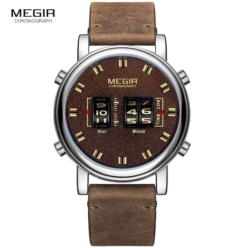 

MEGIR Luxury Digital Watch Men 2019 New Relogio Masculino Brown Leather Strap Army Sport Quartz Wrist Watches Clock Man 2137