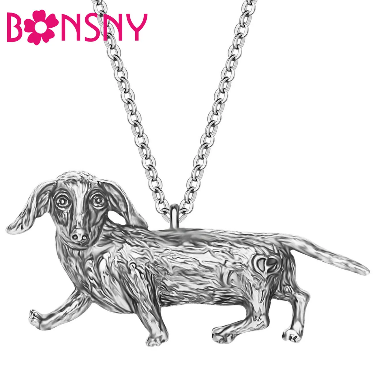 Bonsny Alloy Antique Silver Plated Duchshund Dog Necklace Long Cute