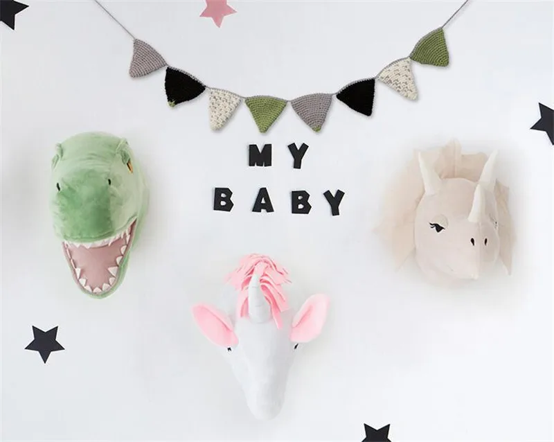 Triceratops Dragon Green Dinosaur Unicorns Animals Head Wall Mount Hanging Stuff Plush Toys (4)