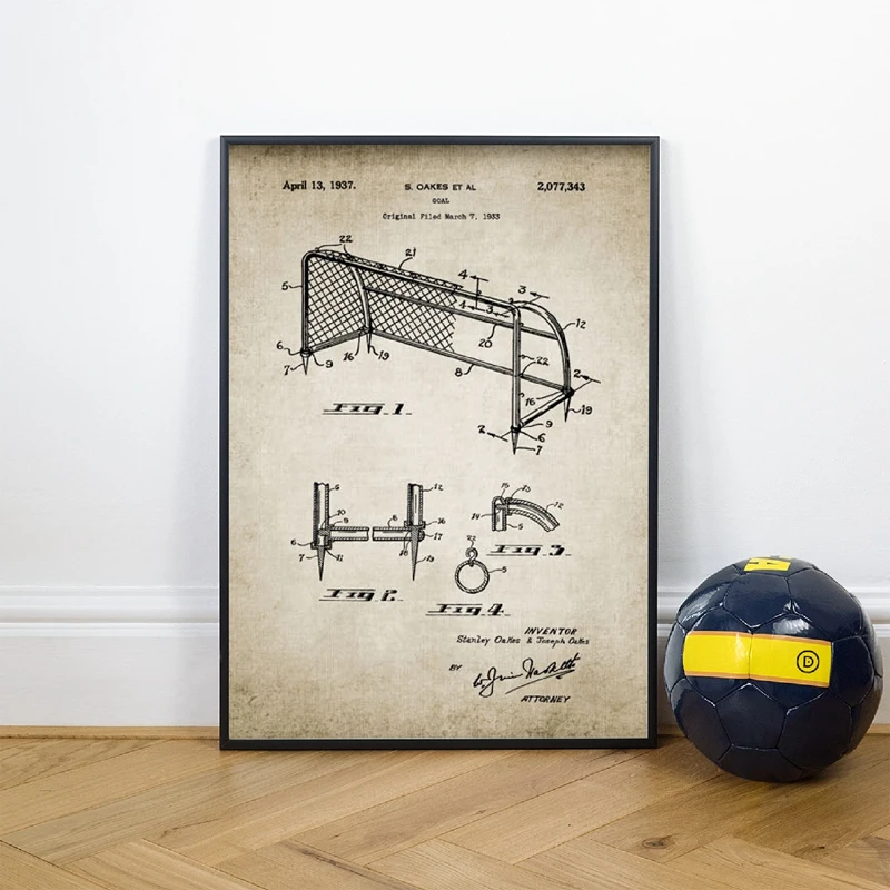 None brand Vintage Soccer Blueprint Poster e Stampe Football Pitch Soccer Ball Boot Goal Net Design Wall Art Painting Home Decor No Frame-30X40cmX4 