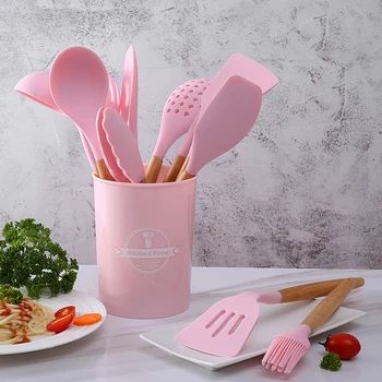 

YOMDID Food Grade Silicone Kitchen Cooking Utensils Practical Cooking Tools Turner Spatula Spoon With Wooden Handle Kitchenware