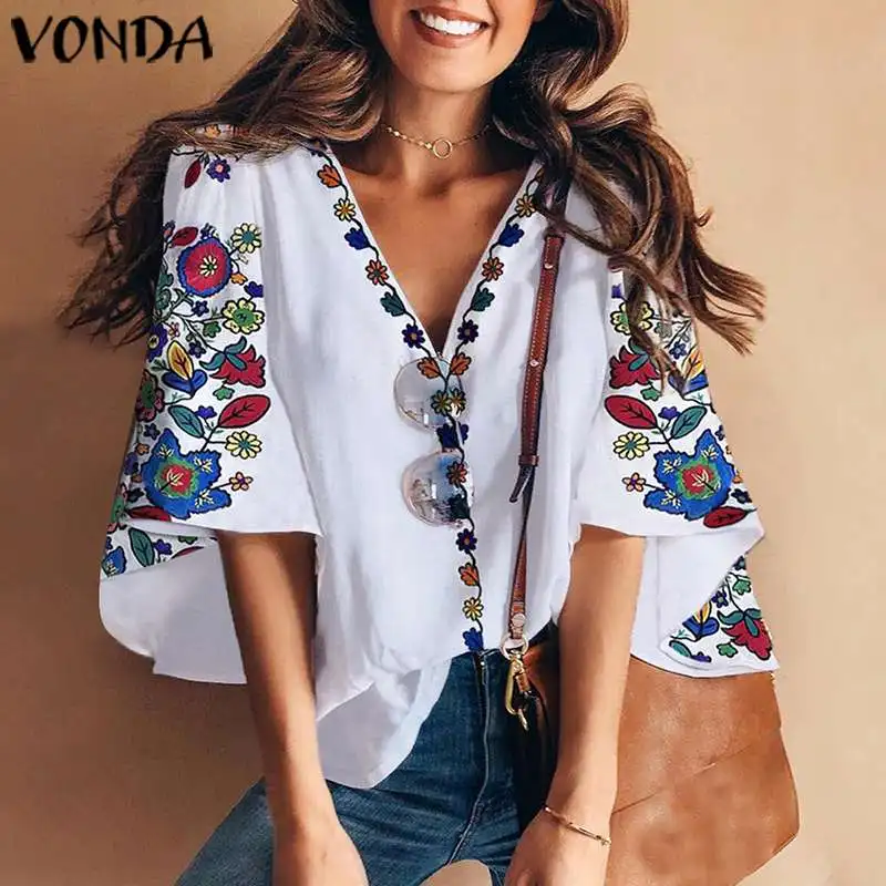 VONDA, женская блузка с цветочным принтом, сексуальные вечерние рубашки с глубоким v-образным вырезом,, летние повседневные свободные топы размера плюс, сорочка с длинным рукавом