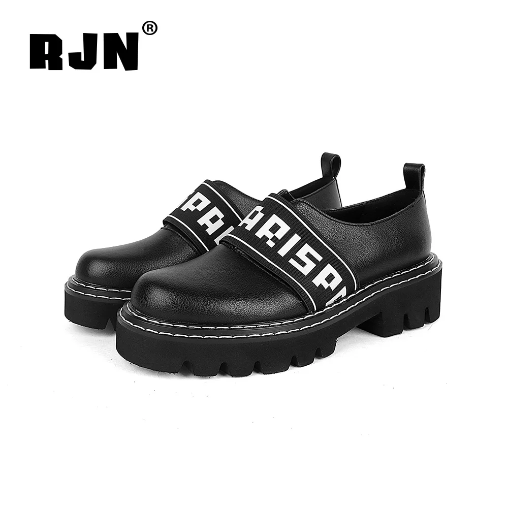 

RJN Fashion Women Pumps Letter Decoration Sewing Cow Leather Mixed Color Comfortable Round Toe Med Heel Shoes Slip-On Pumps R34