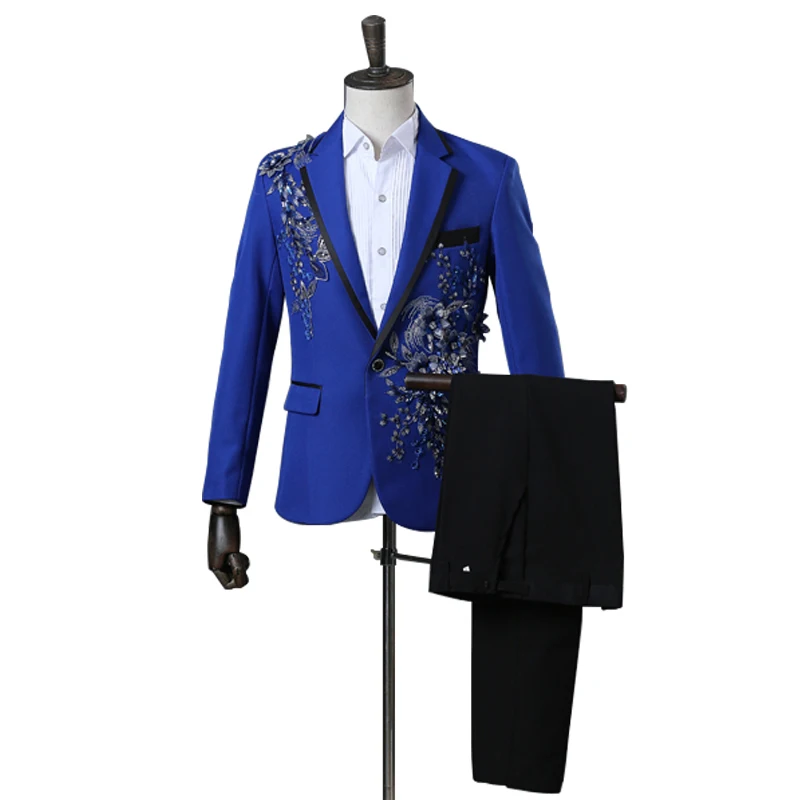 

(Jacke+Pants) Men's Fashion Suit Set Three-dimensional Bilateral Inlaid Diamonds Lapel Casual Stage Singer Party Slim Suit