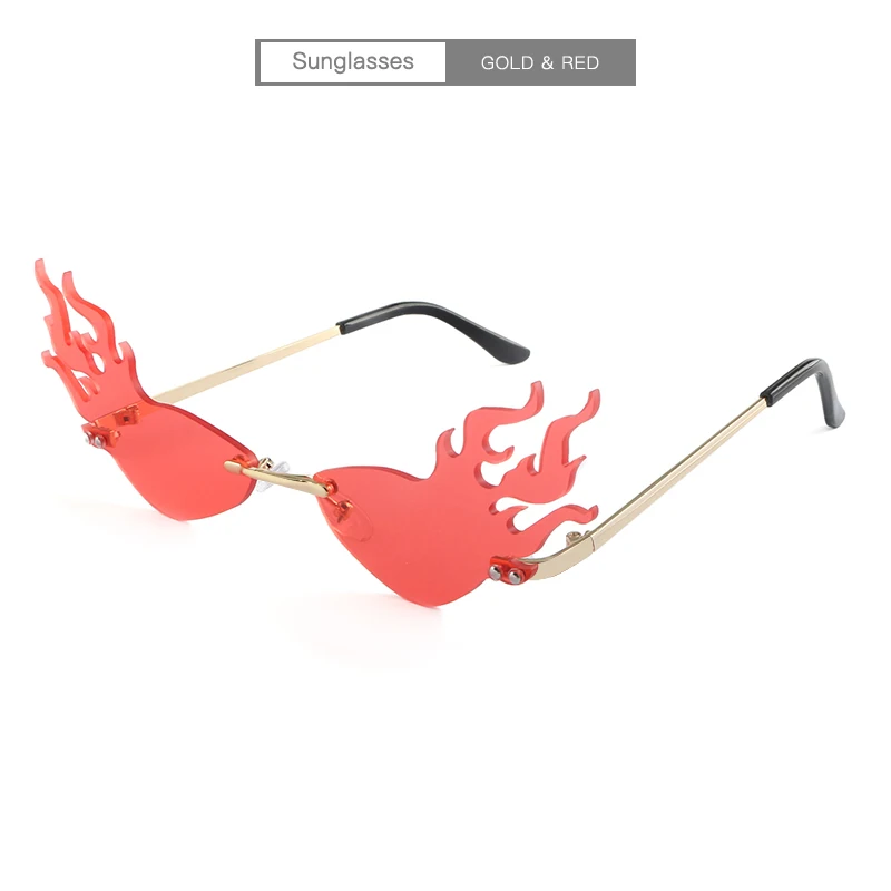 Новые солнечные очки с огненным пламенем, женские и мужские солнцезащитные очки «кошачий глаз», роскошные брендовые дизайнерские очки без оправы, большие полые оттенки, уличная одежда - Цвет линз: Gold Red