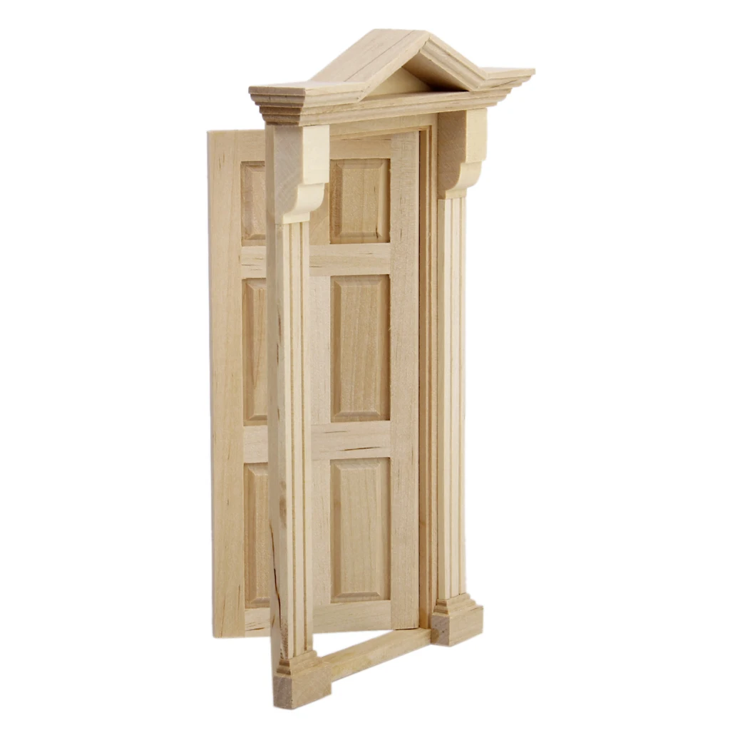 Dolls House Miniature Steeple Top 6 Panel Natural Wooden Door & Frame DIY