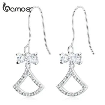 

bamoer Authentic 925 Sterling Silver Dangle Earrings Bow-knot Fan-shaped Sparkling Zircon Earrings Wedding Fine Jewelry GAE281