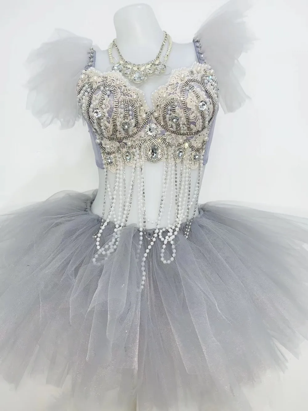 Мигающие стразы, жемчуг, вышивка бисером, бюстгальтер, юбка-пачка, наряд для бара, ночного клуба, певца, шоу, бикини, Женский комплект на день рождения