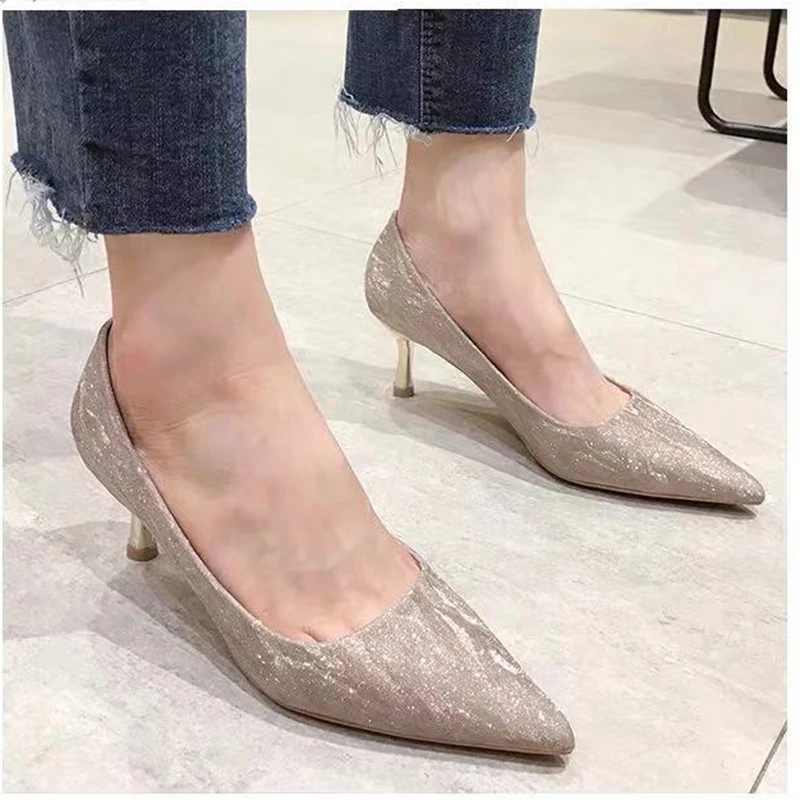 

Shiny Party High Heel Shoes Women Fashion Sequined Pointed Toe Women Pumps Metal Heel Thin High Heel Ladies Shoes 6 Cm