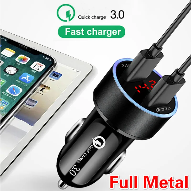 Металлическое автомобильное зарядное устройство 3A QC 3 0 LED Автомобильное USB 30 Вт