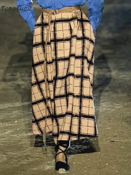 

Catwalk style high waist lace retro check cotton and linen A-line skirt women's autumn new style loose and large puff skirt