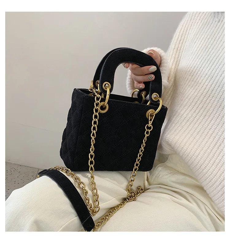 Бархатная женская сумка-тоут женская Осенняя новая известная модная дизайнерская роскошная сумка через плечо замшевая дамская сумка в клетку с цепочкой - Цвет: Черный