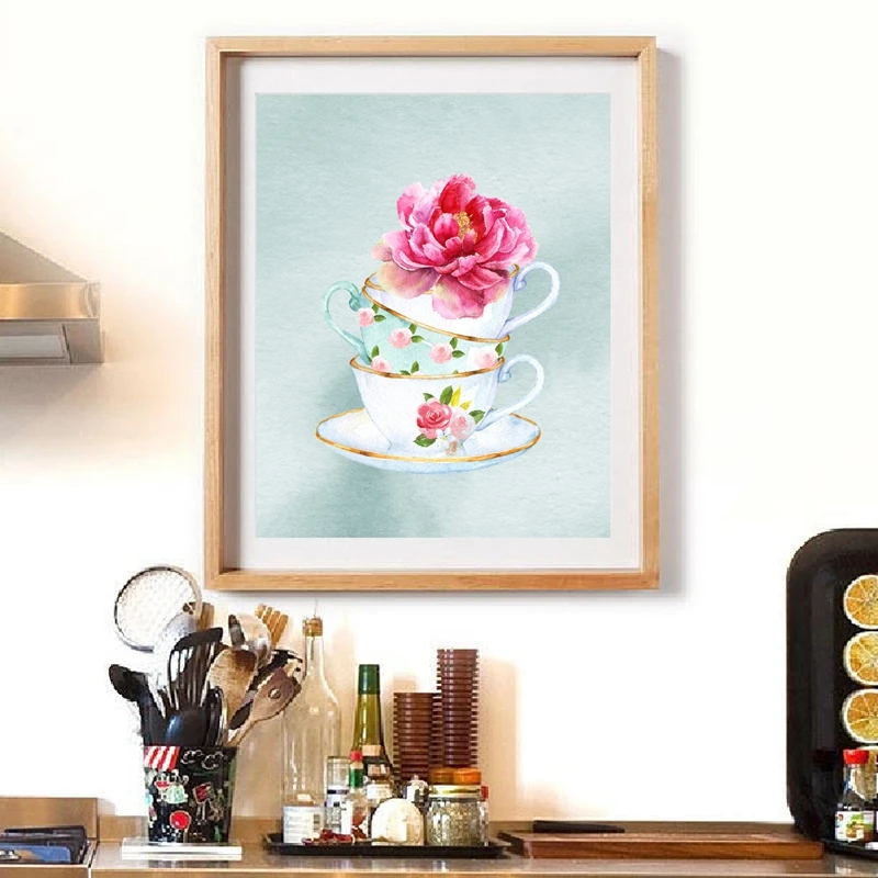 

Teacup Floral Print Watercolor Teacups Tea Kitchen Wall Art Picture Canvas Painting Vintage Tea Cups Poster Tea Party Decoration