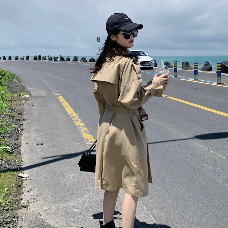 

Photo Shoot 2019 New Style Popular Korean-style Trench Coat Women's Mid-length British Style Coat waitmore Short-height Overcoat