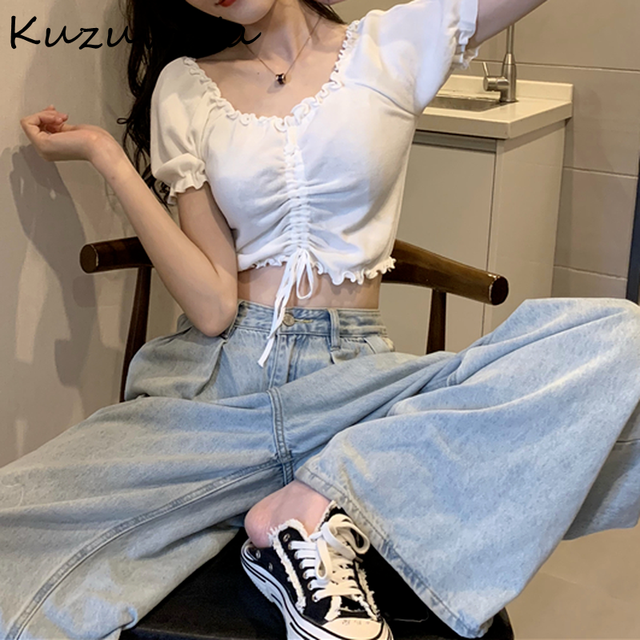 V Neck Short Sleeve Multicolor Shirt Drawstring Design Slim Fit Short Pull Femme Summer 2022 New Sueter Mujer Ol