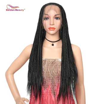 

Long Black Braided Wig Synthetic Hair Extension Lace Front Wig For Women Box Braiding Hair Wig Heat Resisant Fiber Golden Beauty