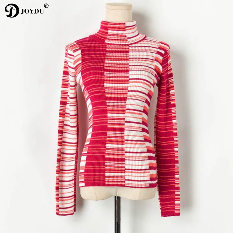 

JOYDU gradient contrast color striped turtleneck pullover fall winter runway design jumper elastic Slim basic knit sweater women