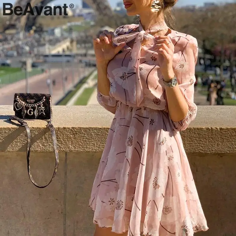 BeAvant винтажное платье в стиле бохо с цветочным принтом, Женская рабочая одежда с высокой талией, офисное женское платье, Повседневное платье с длинным рукавом, весеннее шикарное вечернее платье